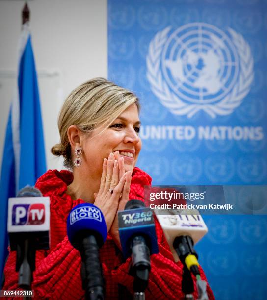 Queen Maxima of The Netherlands during the debriefing and press conference at the UN local office on November 2, 2017 in Abuja, Niger.