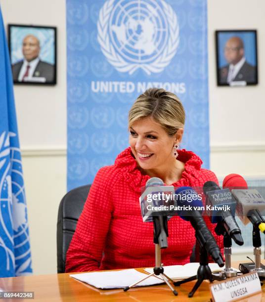 Queen Maxima of The Netherlands during the debriefing and press conference at the UN local office on November 2, 2017 in Abuja, Niger.