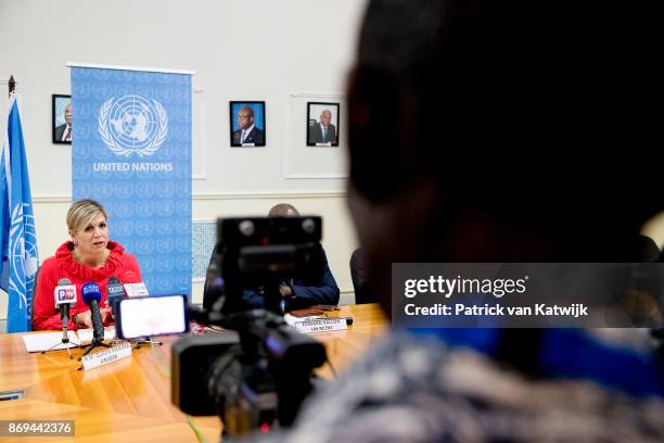 Queen Maxima of The Netherlands during the debriefing and press conference at the UN local office on November 2, 2017 in Abuja, Niger.