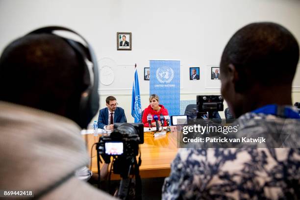 Queen Maxima of The Netherlands during the debriefing and press conference at the UN local office on November 2, 2017 in Abuja, Niger.