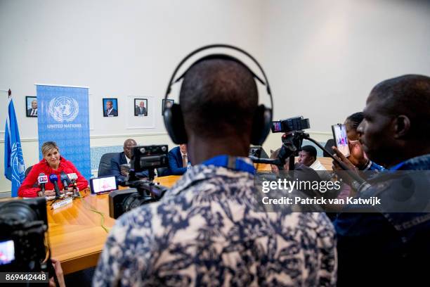 Queen Maxima of The Netherlands during the debriefing and press conference at the UN local office on November 2, 2017 in Abuja, Niger.