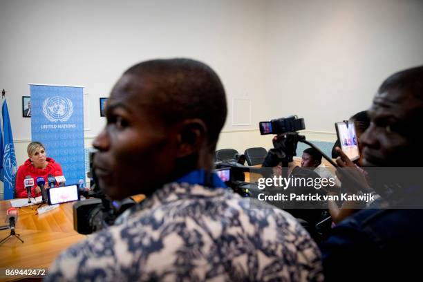 Queen Maxima of The Netherlands during the debriefing and press conference at the UN local office on November 2, 2017 in Abuja, Niger.