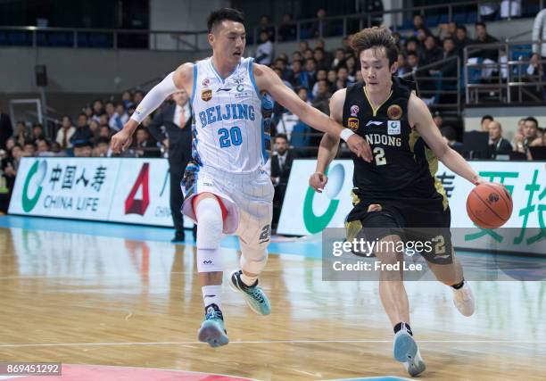 Ding yanyuhang of ShanDong Hi-Speed in action during the 2017/2018 CBA League match between Beijing Ducks and ShanDong Hi-Speed at Shougang...