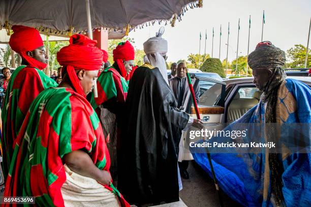 Emir of Kano Mallam Muhamned Sanusi II of Nigeria leaves the Hilton hotel after meetings with Queen Maxima of The Netherlands on November 2, 2017 in...