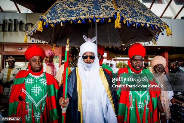 Emir of Kano Mallam Muhamned Sanusi II of Nigeria leaves the Hilton hotel after meetings with Queen Maxima of The Netherlands on November 2, 2017 in...