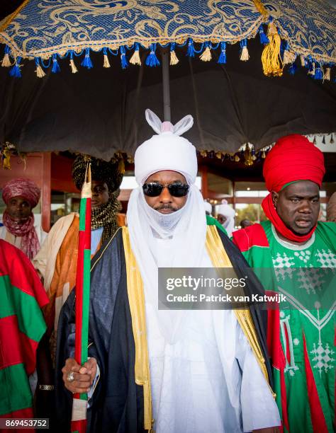 Emir of Kano Mallam Muhamned Sanusi II of Nigeria leaves the Hilton hotel after meetings with Queen Maxima of The Netherlands on November 2, 2017 in...