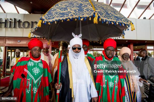 Emir of Kano Mallam Muhamned Sanusi II of Nigeria leaves the Hilton hotel after meetings with Queen Maxima of The Netherlands on November 2, 2017 in...