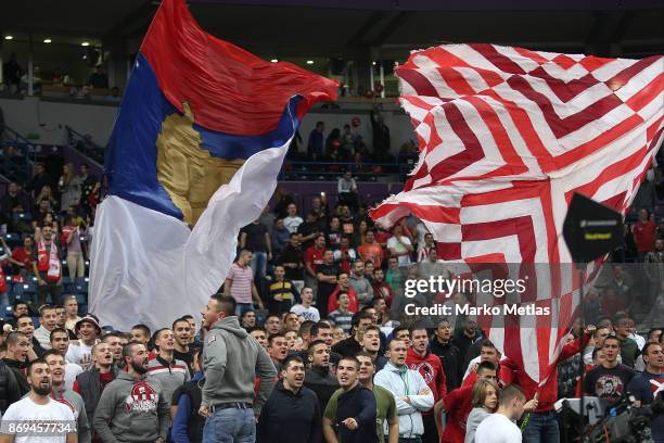 Supporters of Crvena Zvezda mts Belgrade in action during the 2017/2018 Turkish Airlines EuroLeague Regular Season Round 5 game between Crvena Zvezda...