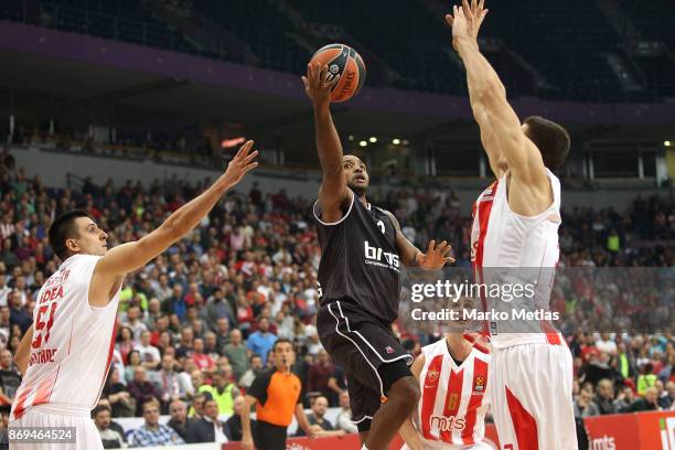 Ricky Hickman, #2 of Brose Bamberg competes with Milko Bjelica, #51 of Crvena Zvezda mts Belgrade during the 2017/2018 Turkish Airlines EuroLeague...