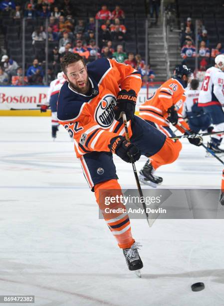 Eric Gryba of the Edmonton Oilers warms up prior to the game against the Washington Capitals on October 28, 2017 at Rogers Place in Edmonton,...