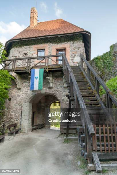 visegrad castle main enterance of the lower walls - fortress gate and staircases stock pictures, royalty-free photos & images