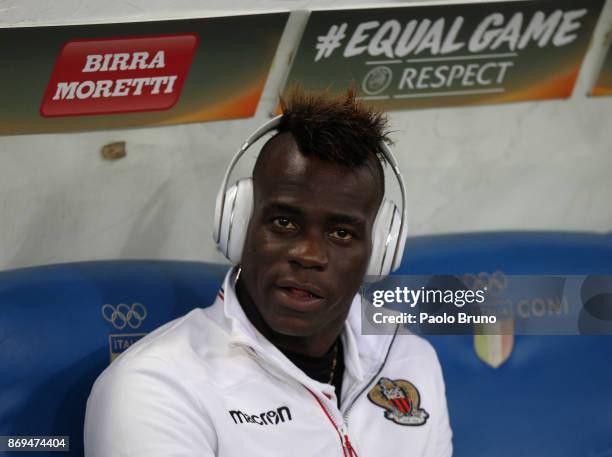 The OGC Nice player Mario Balotelli looks on before the UEFA Europa League group K match between SS Lazio and OGC Nice at Stadio Olimpico on November...