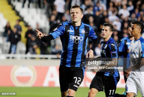 Atalanta's Josip Ilicic gestures during the UEFA Europa League football match Apollon Limassol versus Atalanta Bergamasca on November 2, 2017 in...