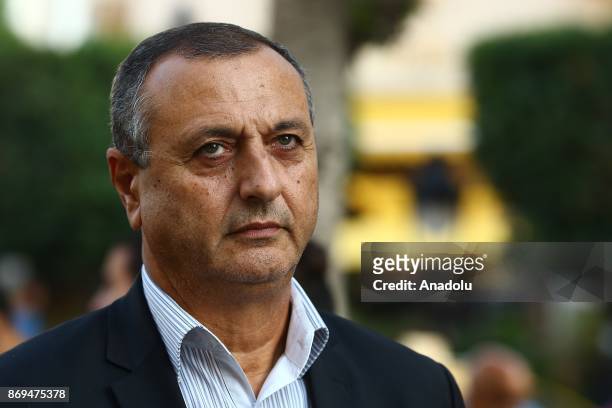 General-Secretary of Al Joumhouri party Issam Chebbi speaks to media during a protest on the 100th anniversary of Balfour Declaration at Avenue Habib...