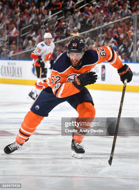 Eric Gryba of the Edmonton Oilers skates during the game against the Calgary Flames on October 4, 2017 at Rogers Place in Edmonton, Alberta, Canada.