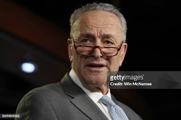 Sennate Minority Leader Chuck Schumer speaks during a press conference where congressional Democrats reacted to the newly introduced Republican tax...