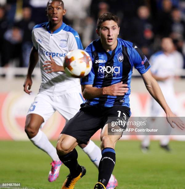 Atalanta's Mattia Caldara vies for the ball against Apollon's Alef during the UEFA Europa League football match Apollon Limassol versus Atalanta...