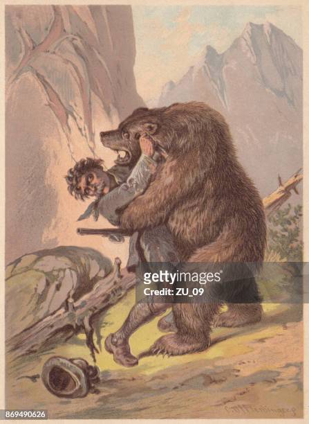 hunter, attacked by a bear, lithograph, published in 1887 - animals attacking stock illustrations