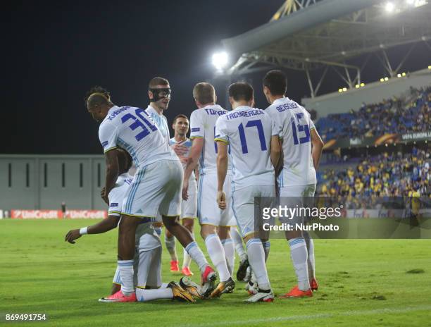 Astana players celebrate the victory during the UEFA Europa League group stage match between Maccabi Tel Aviv and Astana FC at Netanya Stadium,...