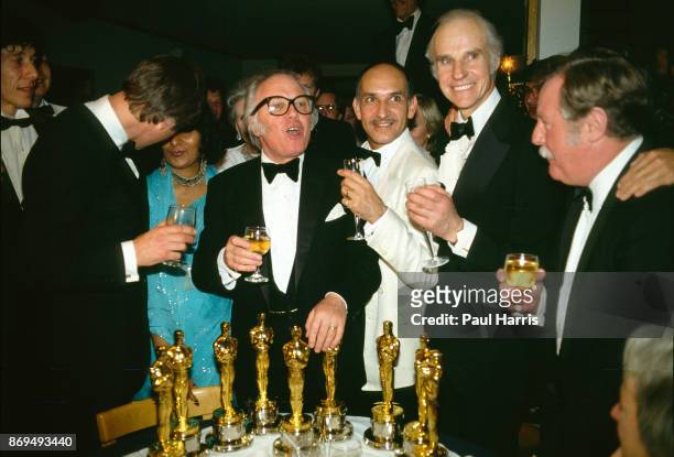 Richard Attenborough and Ben Kingsley celebrate at the Kate Mantalini restaurant in Beverly Hills after the movie 'Ghandi' won eight Oscars' at the...