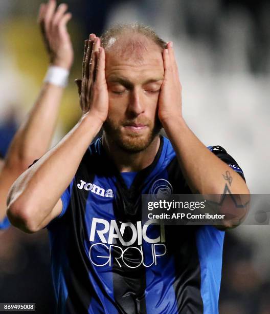 Atalanta's Andrea Masiello gestures during the UEFA Europa League football match Apollon Limassol versus Atalanta Bergamasca on November 2, 2017 at...