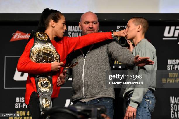 Opponents Joanna Jedrzejczyk of Poland and Rose Namajunas face off during the UFC 217 Press Conference inside Madison Square Garden on November 2,...