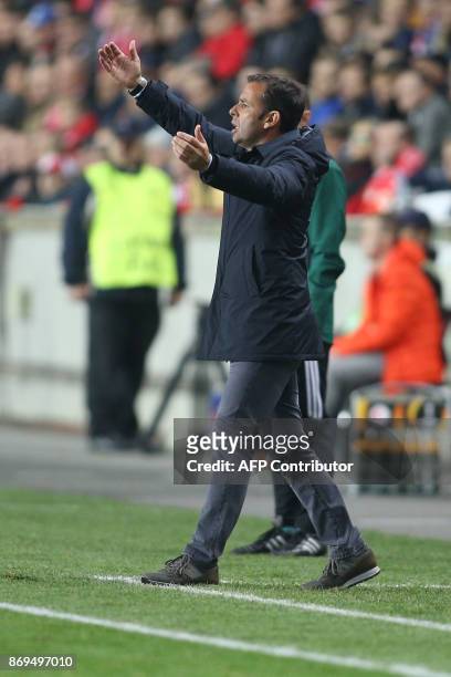 Villarreal's Spanish coach Javier Calleja reacts during the UEFA Europa League group A football match Slavia Prague v Villarreal in Prague on...