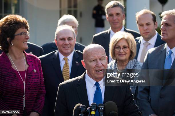 House Ways and Means Committee chairman Rep. Kevin Brady , surrounded by fellow members of his committee, addresses reporters following a meeting...