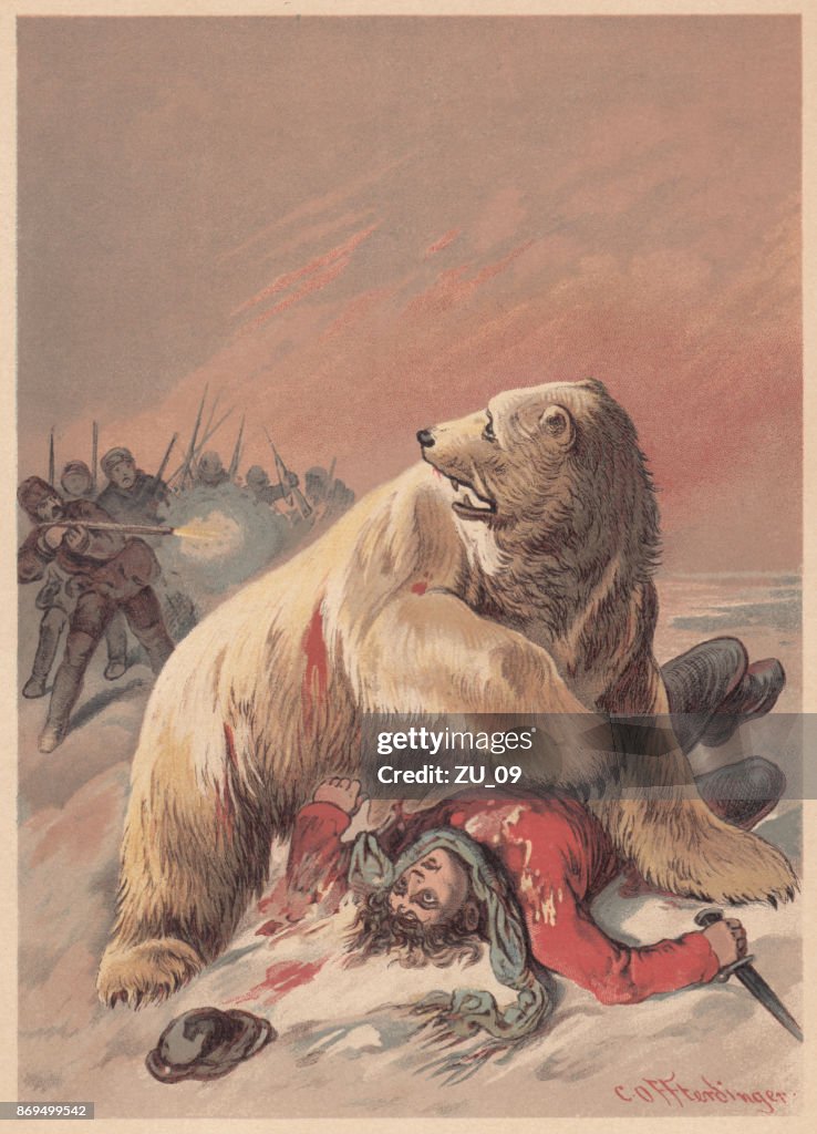 Ice bear attack, lithograph, published in 1887