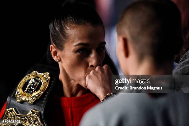 Strawweight champion Joanna Jedrzejczyk of Poland and Rose Namajunas face off during the UFC 217 Press Conference inside Madison Square Garden on...