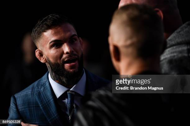 Bantamweight champion Cody Garbrandt and TJ Dillashaw face off during the UFC 217 Press Conference inside Madison Square Garden on November 2, 2017...