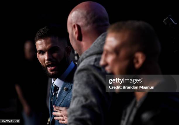 Bantamweight champion Cody Garbrandt and TJ Dillashaw face off during the UFC 217 Press Conference inside Madison Square Garden on November 2, 2017...