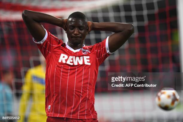 Cologne's French forward Sehrou Guirassy reacts during the UEFA Europa League football match between FC BATE Borisov and FC Cologne on November 2,...
