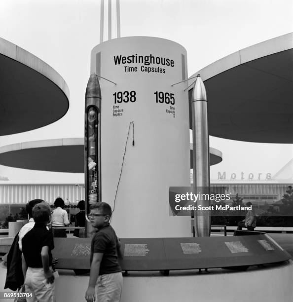 Group of children check out the Westinghouse Time Capsule at the 1964-65 World's Fair in Flushing Meadows Corona Park, New York, New York, June 12,...