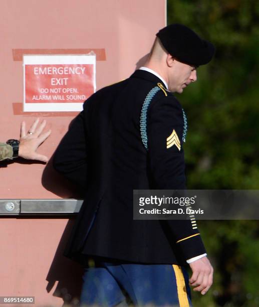 Army Sgt. Robert Bowdrie "Bowe" Bergdahl leaves the Ft. Bragg military courthouse after the prosecution and defense rest during the seventh day of...