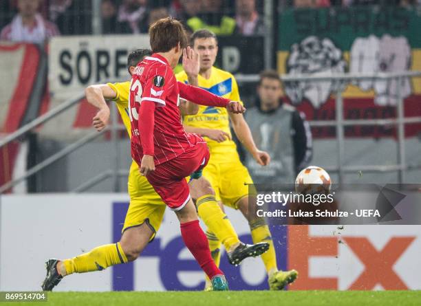 Yuya Osako of Koeln scores his teams second goal during the UEFA Europa League group H match between 1. FC Koeln and BATE Borisov at...