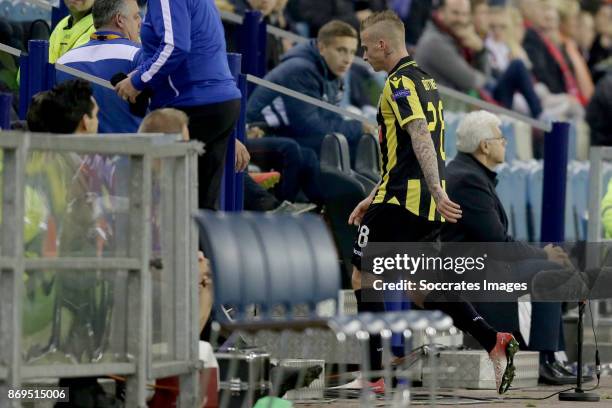 Alexander Buttner of Vitesse is leaving the pitch after receiving a red card during the UEFA Europa League match between Vitesse v Zulte Waregem at...