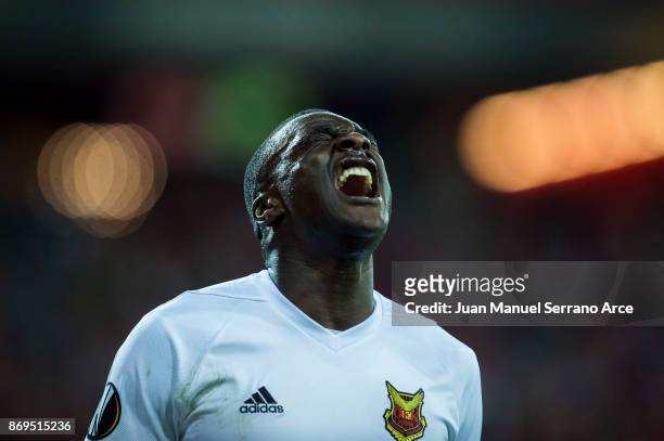 Ken Sema of Ostersunds FK reacts during the UEFA Europa League group J match between Athletic Bilbao and Ostersunds FK at San Mames Stadium on...