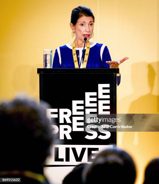 Diane Foley, mother of US journalist James Foley who was killed by Islamic State militants, gives a speech at the Free Press Live event in the Peace...