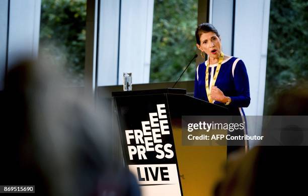 Diane Foley, mother of US journalist James Foley who was killed by Islamic State militants, gives a speech at the Free Press Live event in the Peace...