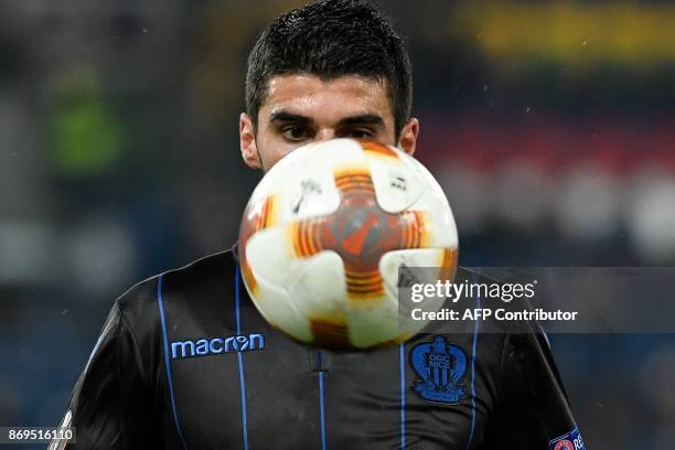 Nice's French midfielder Pierre Lees-Melou eyes the ball during the UEFA Europa League football match, Lazio versus Nice, on November 2, 2017 at...