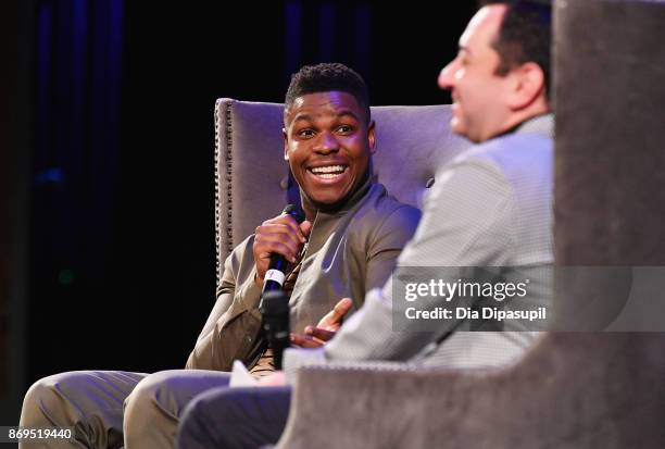 Actor John Boyega and moderator Scott Feinberg onstage at 'Detroit' Q&A during 20th Anniversary SCAD Savannah Film Festival on November 2, 2017 in...