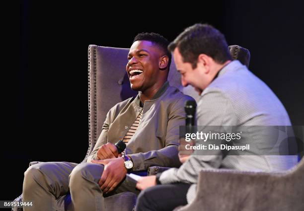 Actor John Boyega and moderator Scott Feinberg onstage at 'Detroit' Q&A during 20th Anniversary SCAD Savannah Film Festival on November 2, 2017 in...