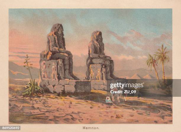 illustrazioni stock, clip art, cartoni animati e icone di tendenza di the colossi of memnon, vicino a theben, egitto, litografia, pubblicata nel 1887 - archeologia