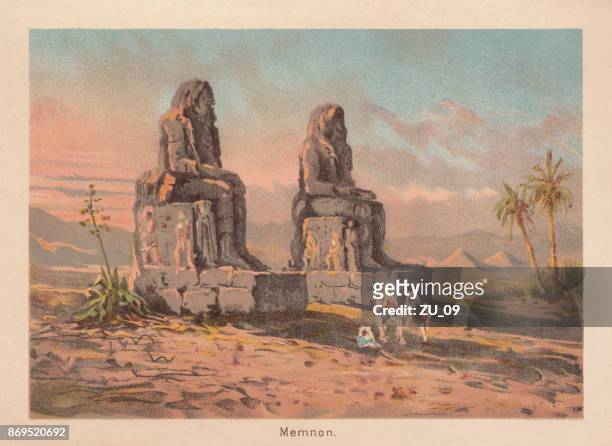 the colossi of memnon, near theben, egypt, lithograph, published 1887 - colossi of memnon stock illustrations