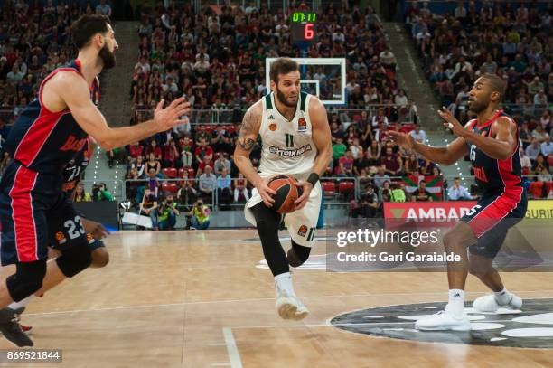 Panathinaikos Greek guard Nikos Pappas handles the ball during the 2017/2018 Turkish Airlines EuroLeague Regular Season game between Baskonia Vitoria...