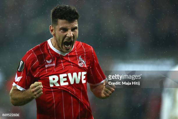 Milos Jojic of FC Koeln celebrates after scoring his sides fith goal during the UEFA Europa League group H match between 1. FC Koeln and BATE Borisov...