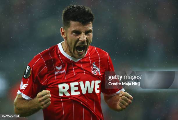 Milos Jojic of FC Koeln celebrates after scoring his sides fith goal during the UEFA Europa League group H match between 1. FC Koeln and BATE Borisov...