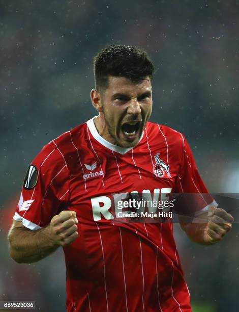 Milos Jojic of FC Koeln celebrates after scoring his sides fith goal during the UEFA Europa League group H match between 1. FC Koeln and BATE Borisov...