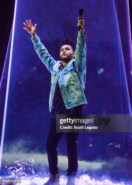 Singer Abel Makkonen Tesfaye, known professionally as The Weeknd, performs on stage during 'The Weeknd - Starboy: Legend of the Fall 2017 World Tour'...